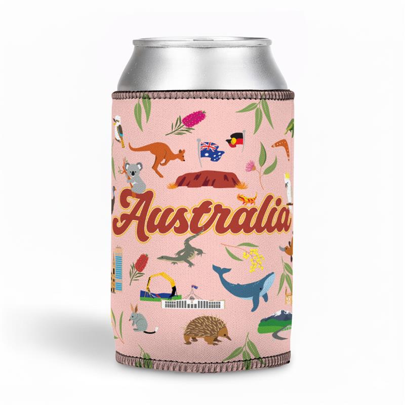 Stubby Holder - Australia Icons Pink