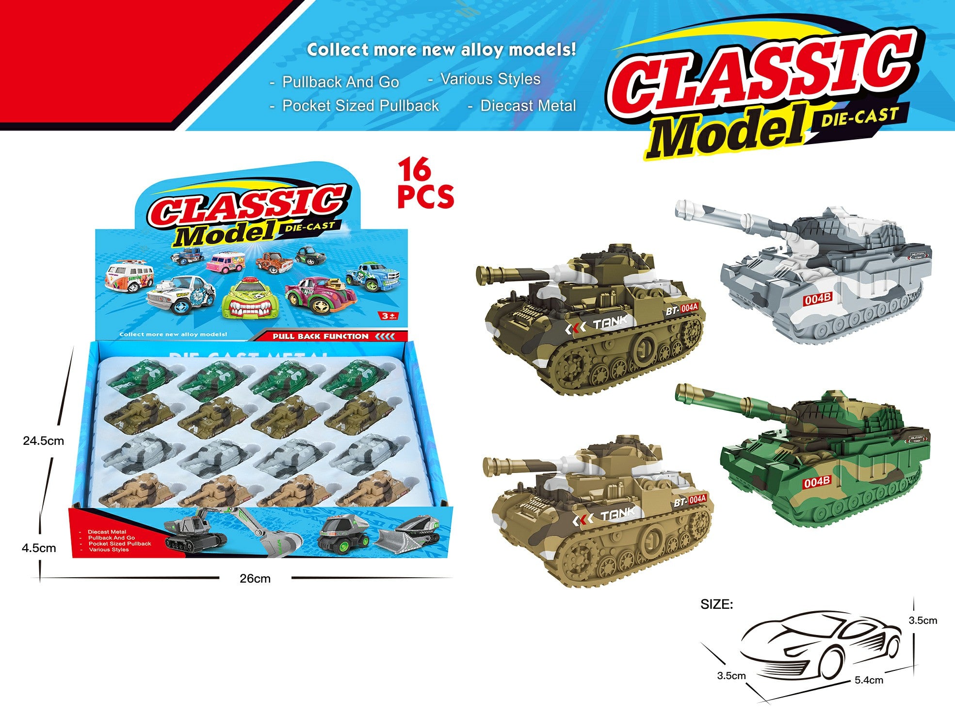 Mini Pullback Toy - Tank (Box of 16)