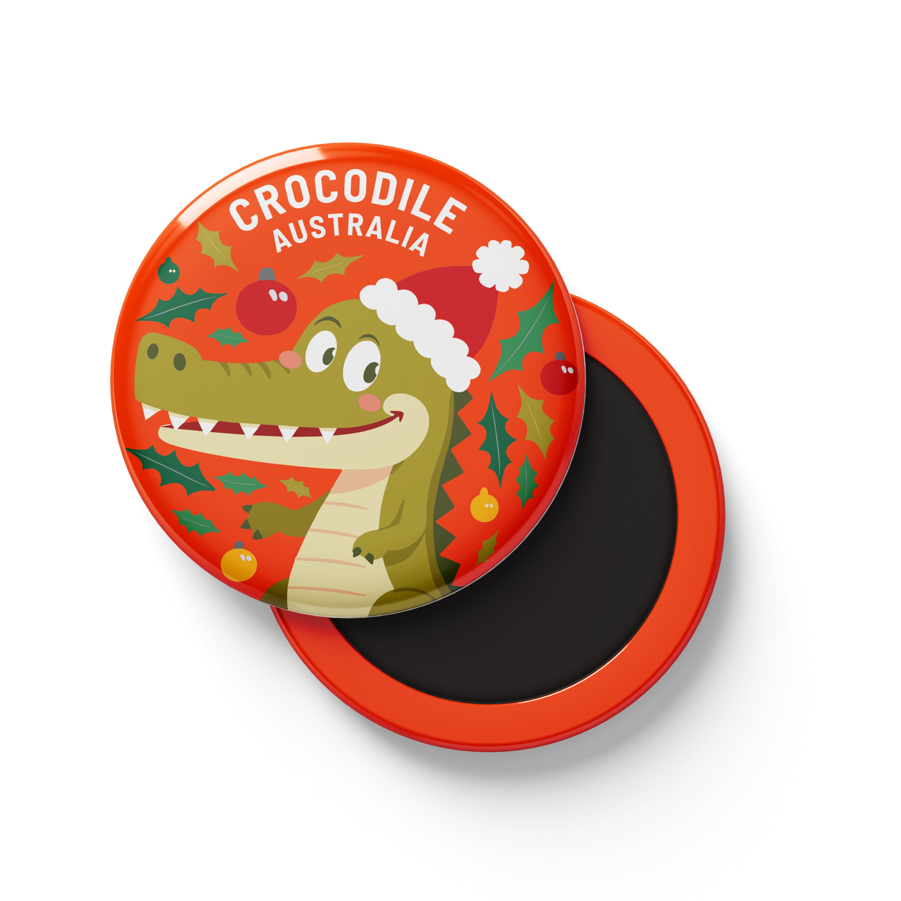Tin Fridge Magnet - Christmas Crocodile Red Round