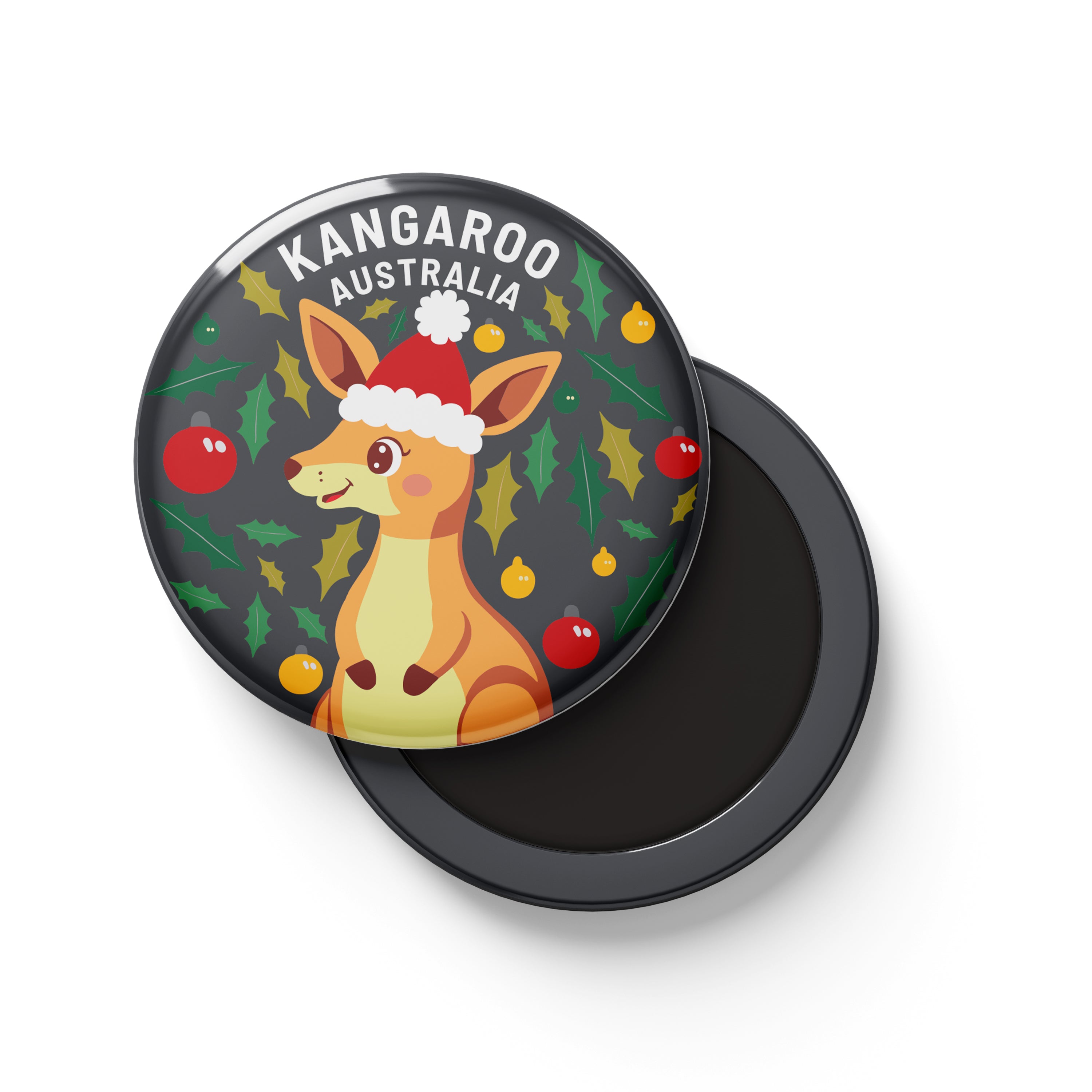 Tin Fridge Magnet - Christmas Kangaroo Grey Round