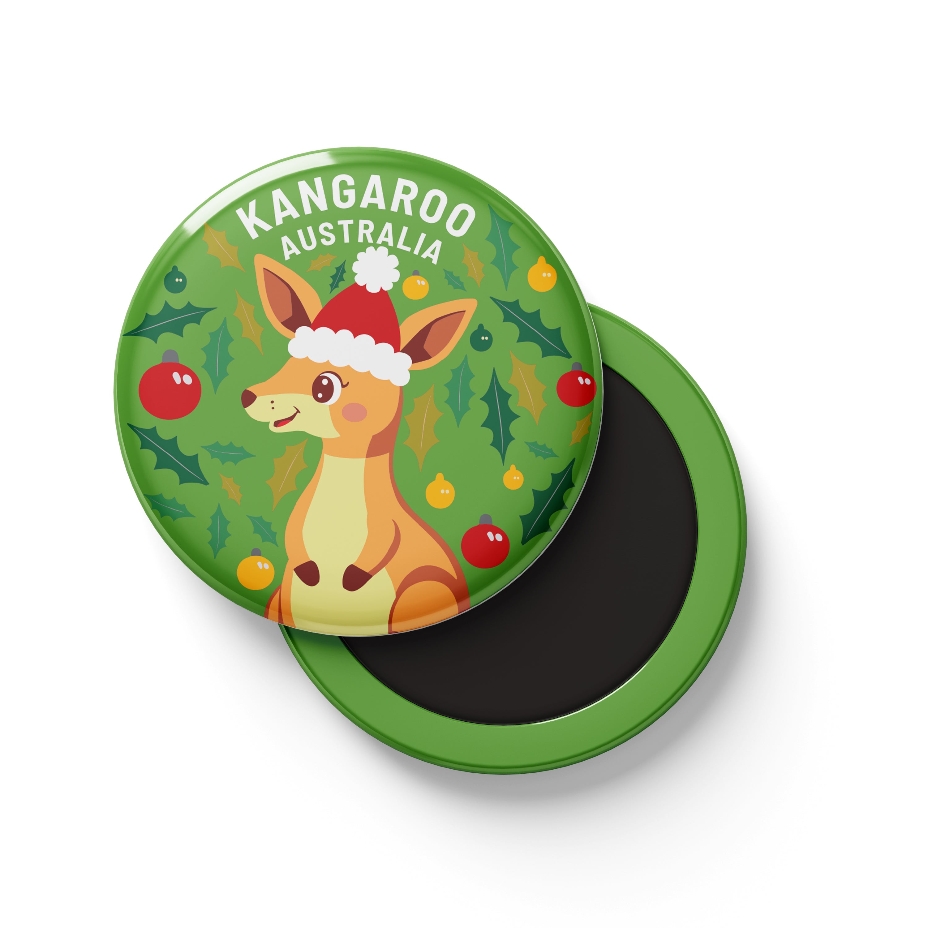 Tin Fridge Magnet - Christmas Kangaroo Green Round