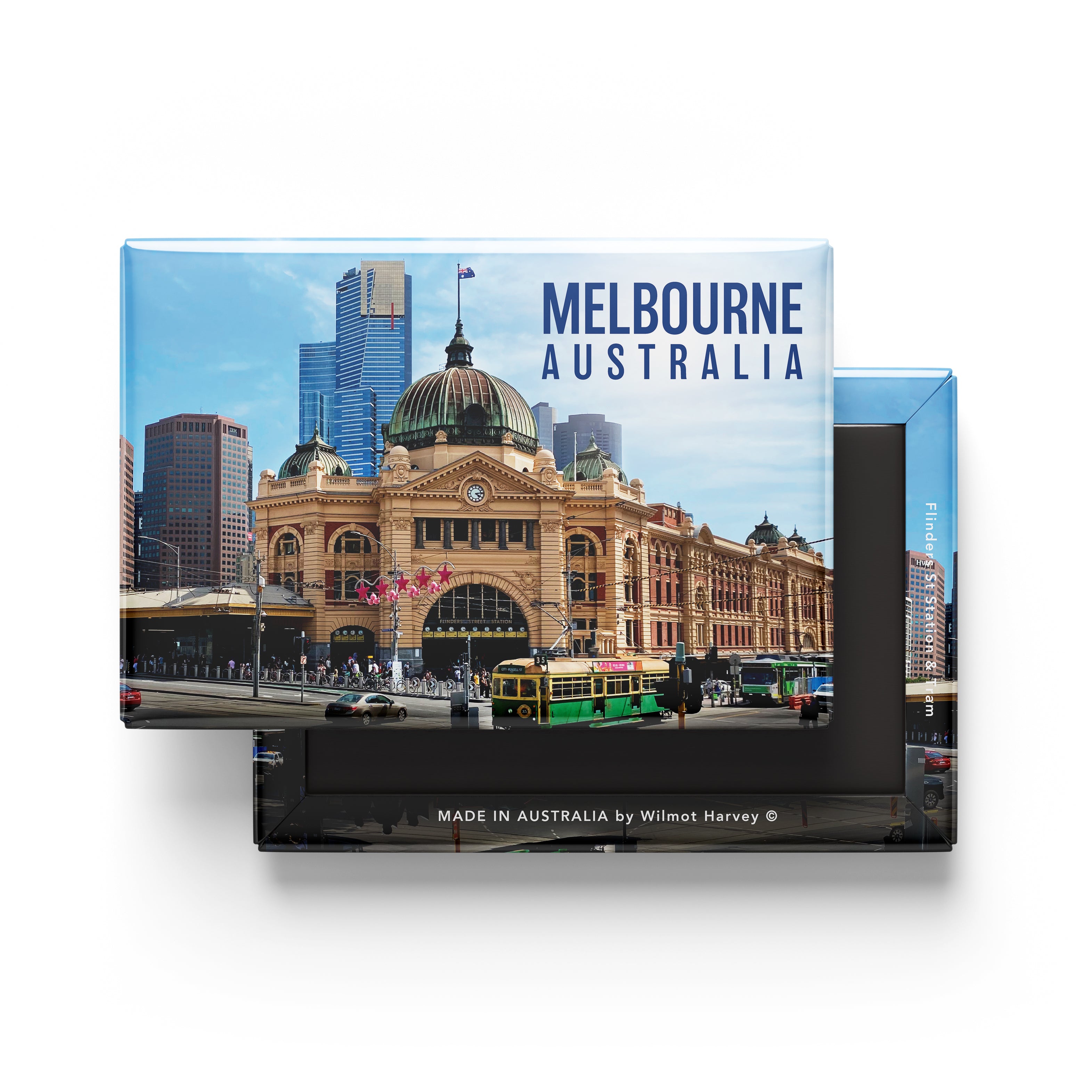 Tin Fridge Magnet - Melbourne Flinders Street Station and Tram Image